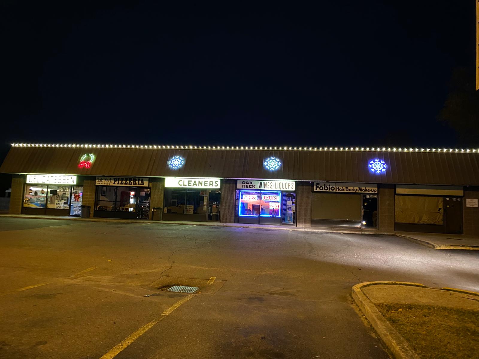 christmas lights on a commercial building